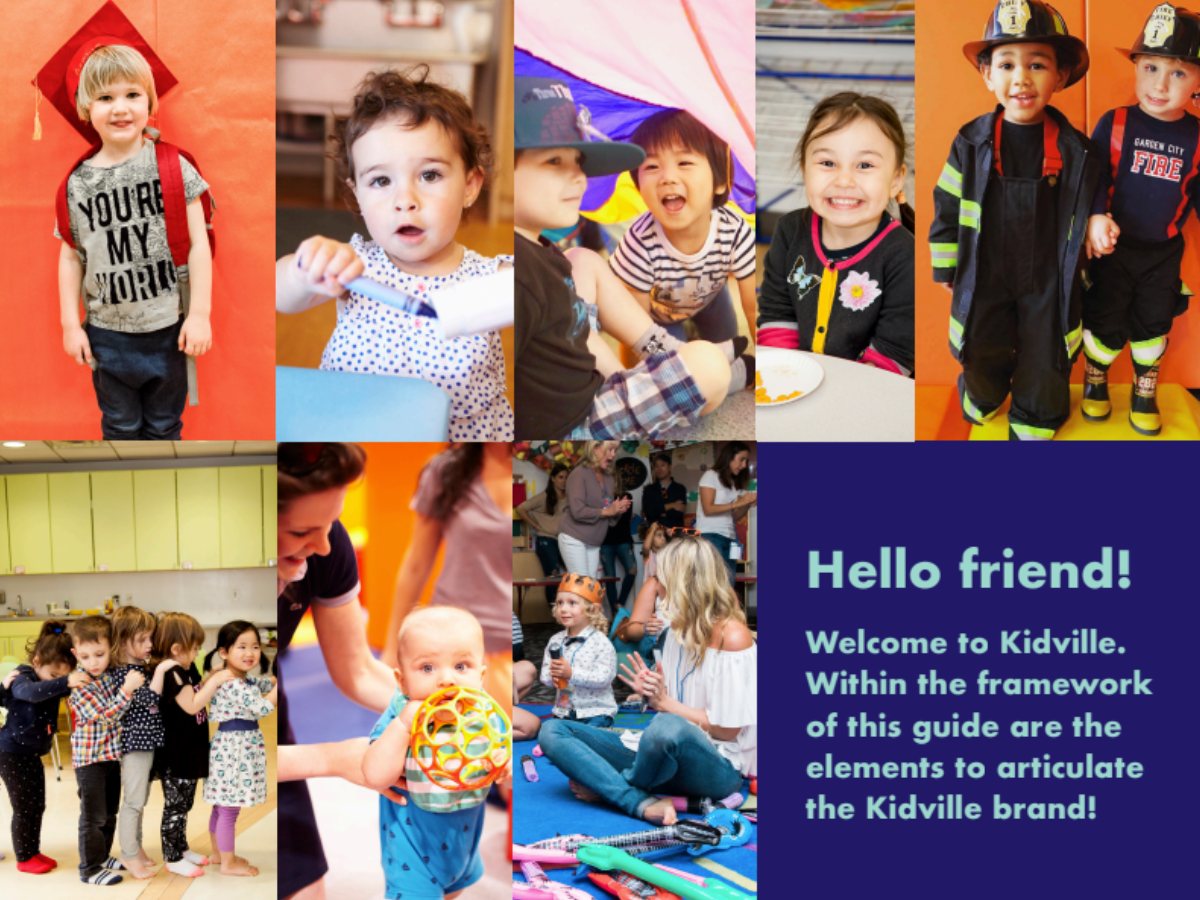 Pages from the Kidville Brand Book: kids in classes and a “Hello friend!” welcome page