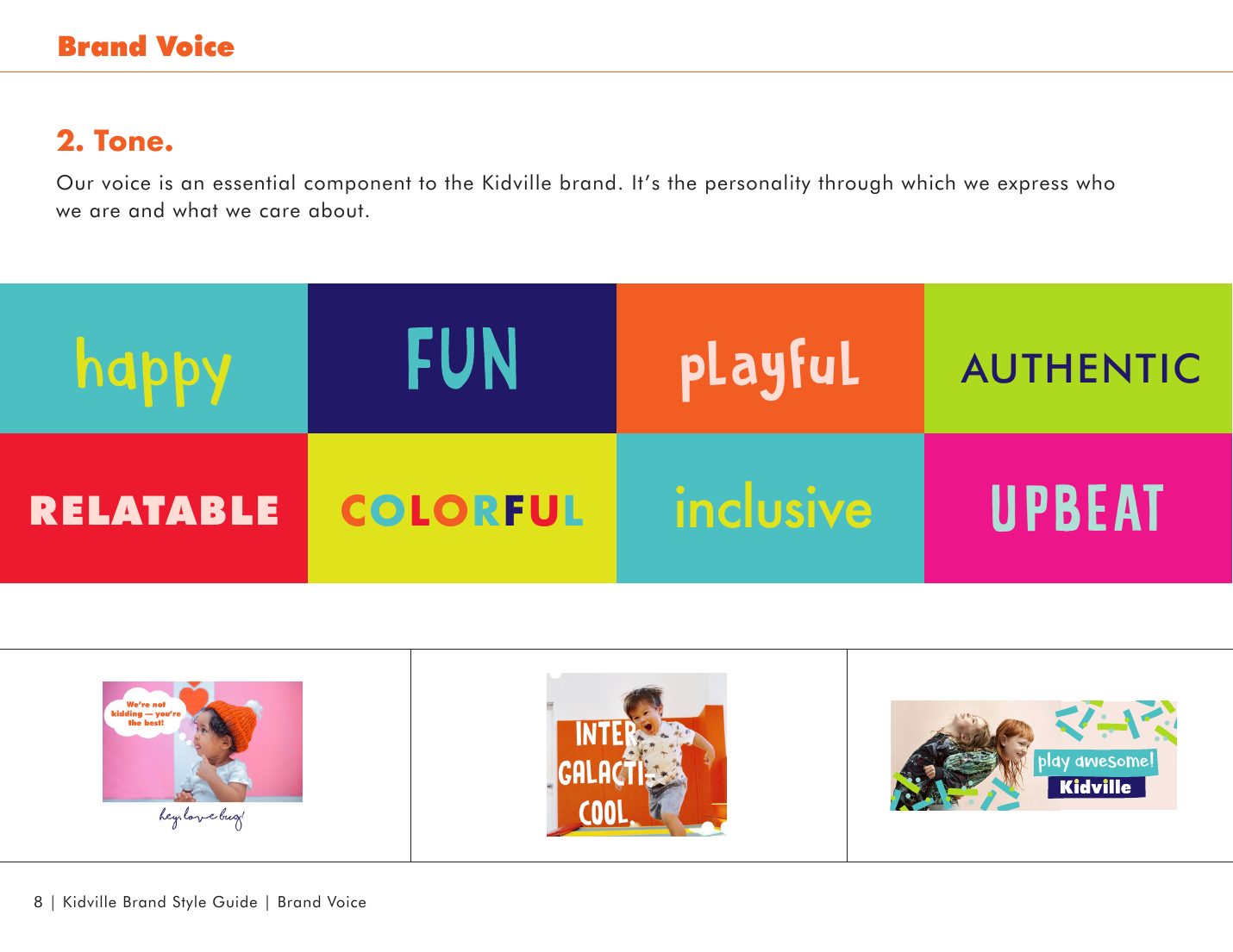 Kidville Brand Book page 8: Brand voice: tone words for every message