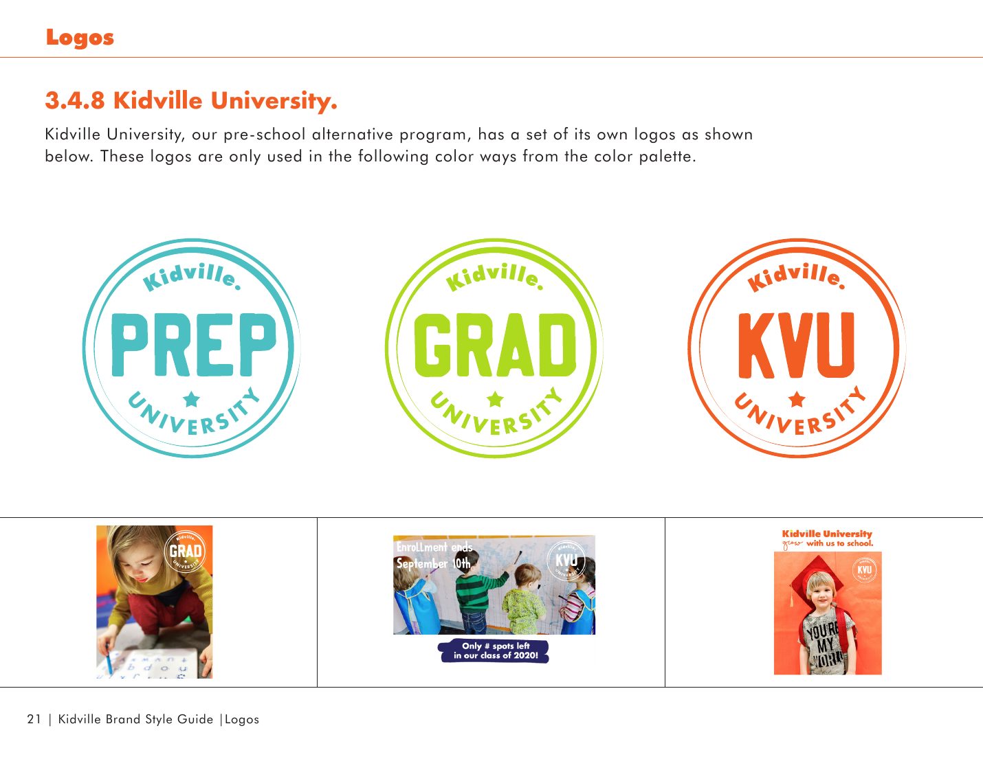 Kidville Brand Book page 21: Sub-brands for Kidville University and camp