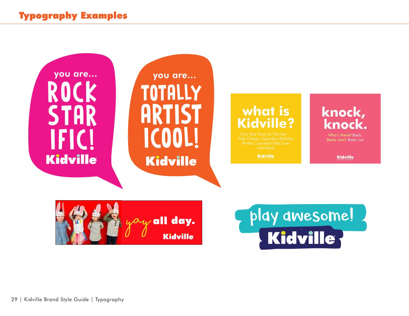 Kidville Brand Book page 29: Typography in action
