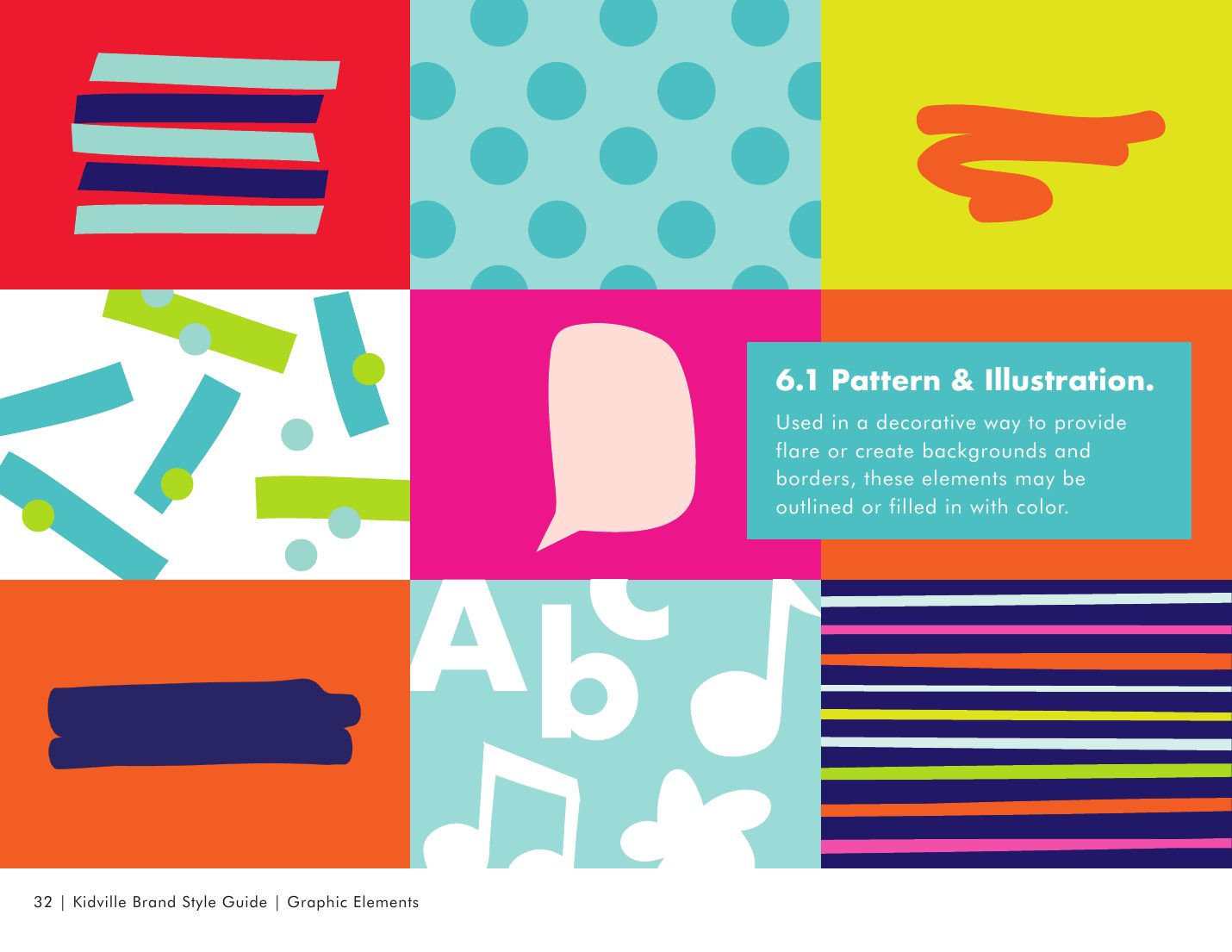 Kidville Brand Book page 32: Patterns and illustration
