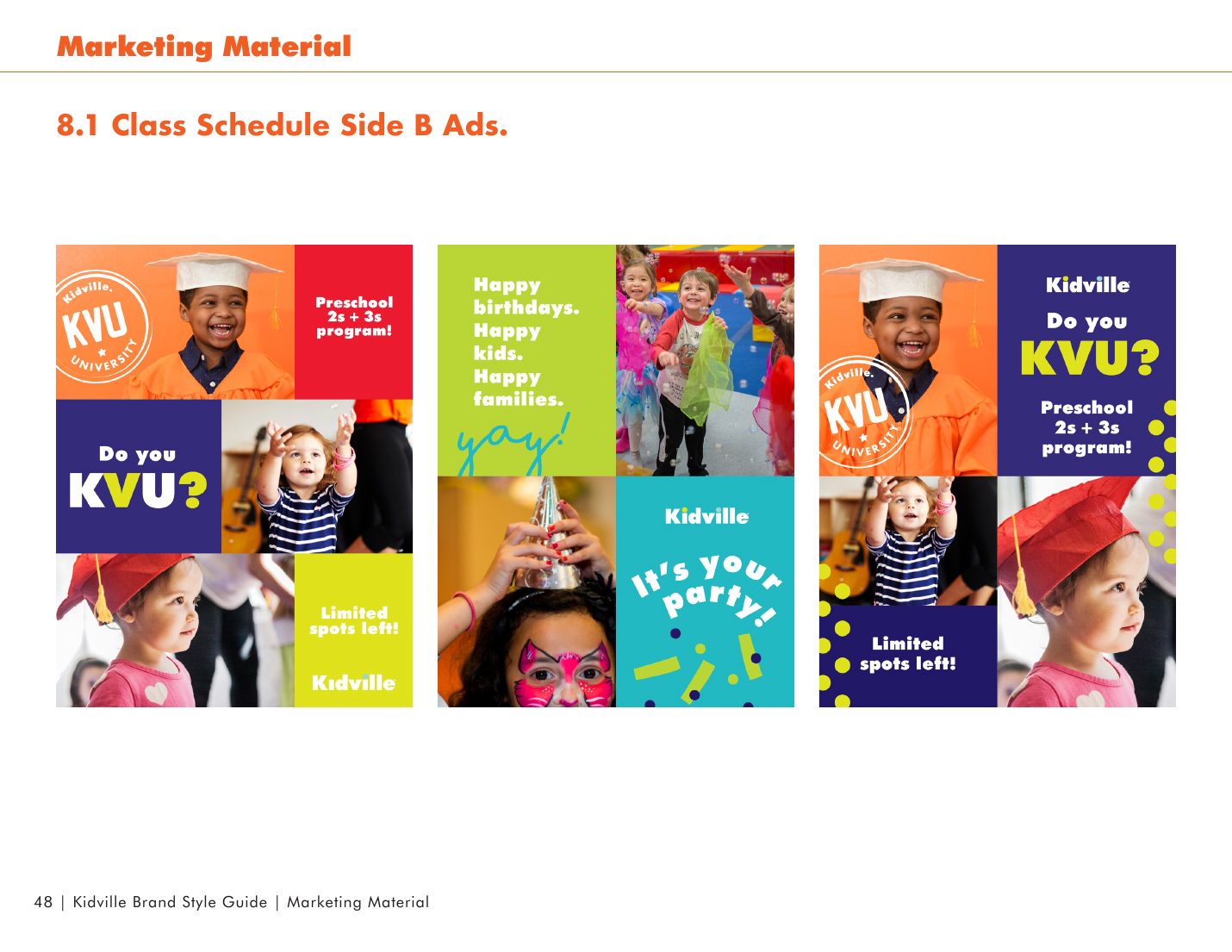 Kidville Brand Book page 48: Class schedules and ads