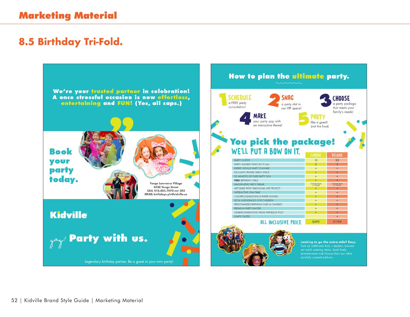Kidville Brand Book page 52: Birthday party tri-fold