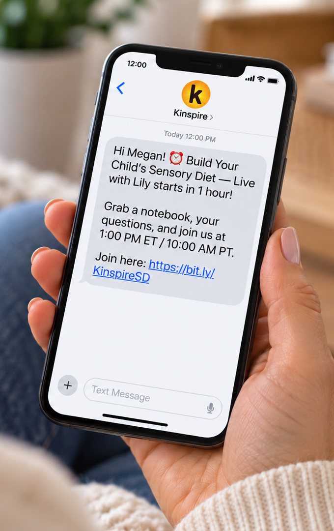 Kinspire one-hour reminder text message on a phone