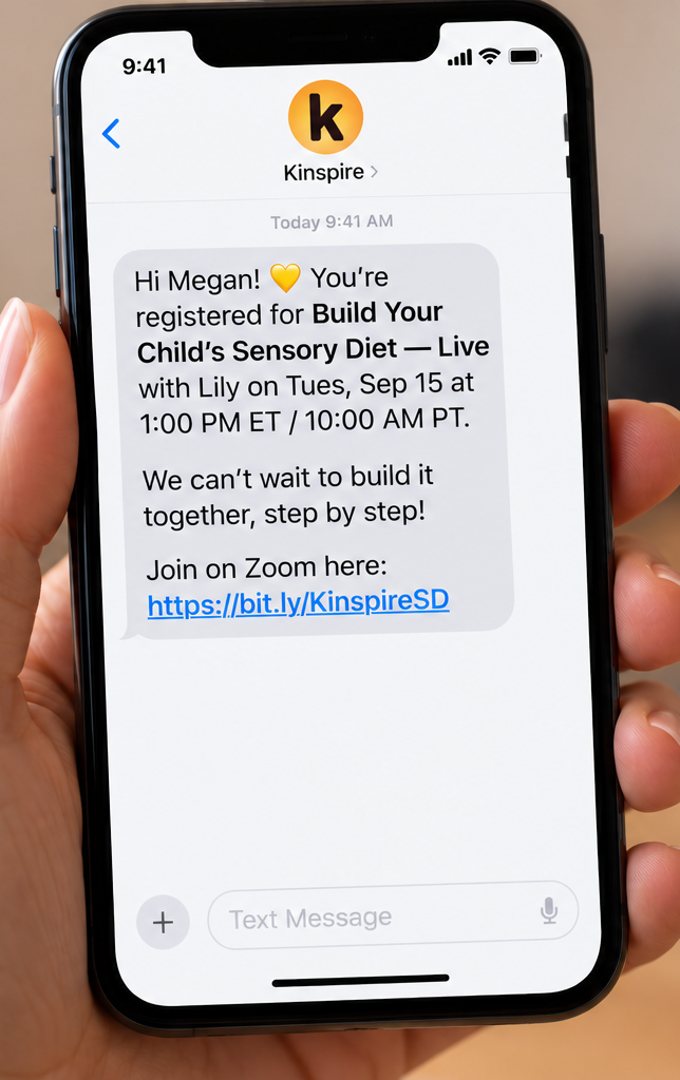 Kinspire registration confirmation text message on a phone