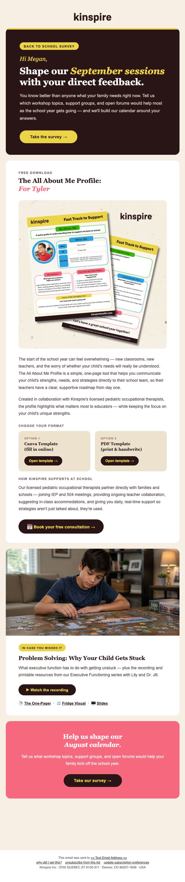 Kinspire community feedback survey email