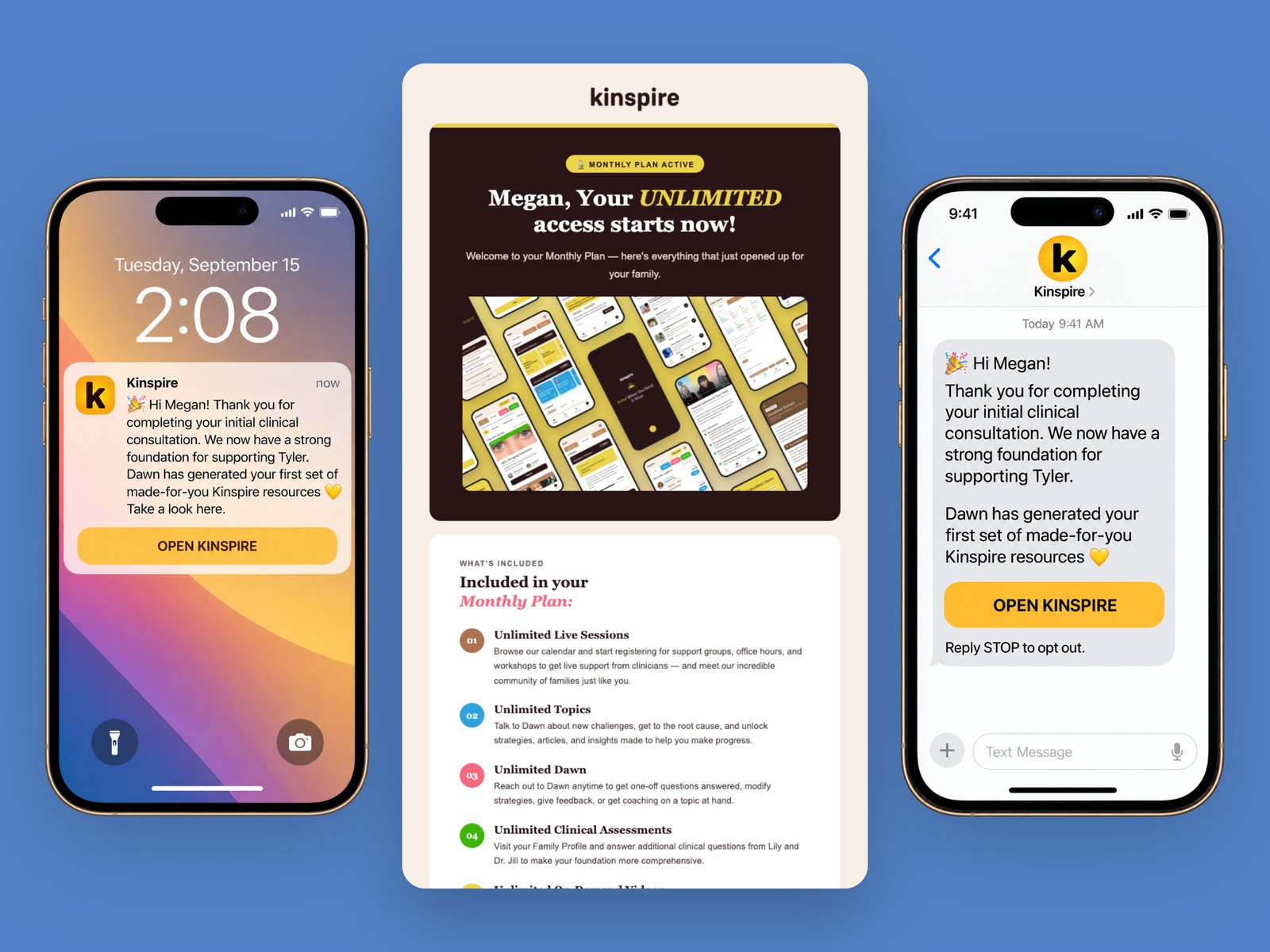 Kinspire push notification, welcome-to-paid email and text message, side by side
