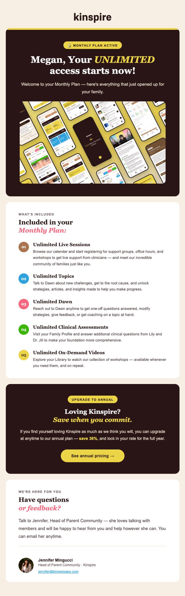 Kinspire unlimited access welcome email for new paid members