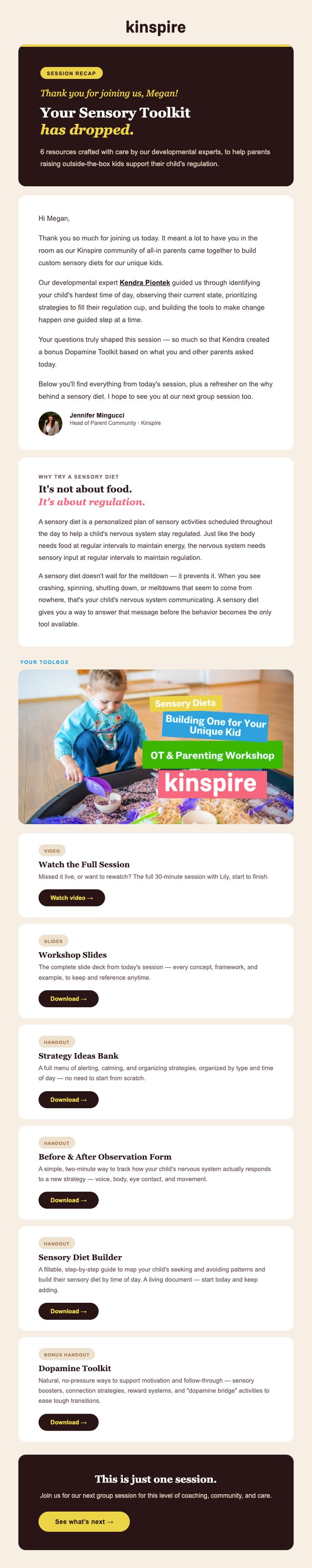 Kinspire session recap email: “Your Sensory Toolkit has dropped,” a note from Jennifer, why try a sensory diet, and six resources including the session video, slides and handouts