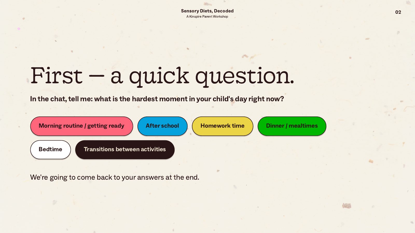 Sensory Diets, Decoded slide 2: First, a quick question: the hardest moment of your child’s day