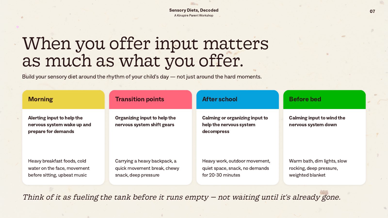 Sensory Diets, Decoded slide 7: When you offer input matters