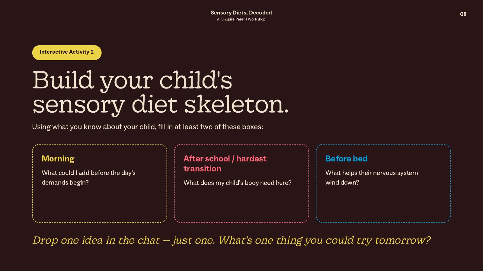 Sensory Diets, Decoded slide 8: Interactive activity: build your child’s sensory diet skeleton