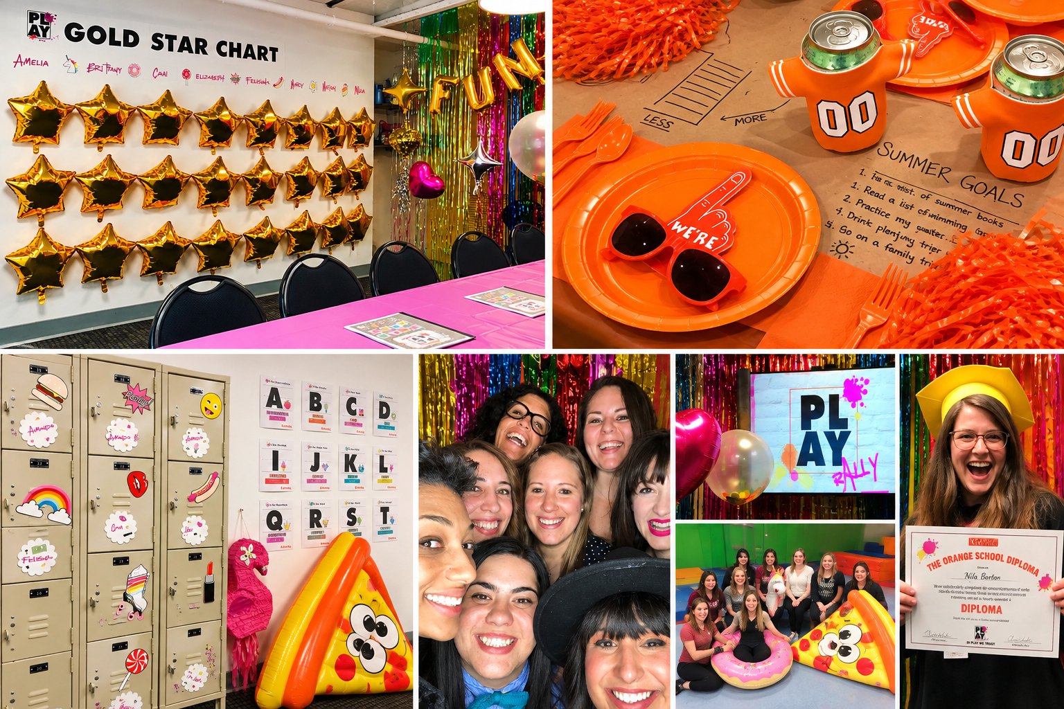 Play Rally weekend: a gold star chart wall, orange team table settings, decorated lockers with the leadership alphabet, managers smiling together, the Play Rally title screen and a manager holding her diploma