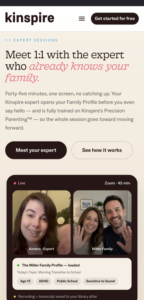 Kinspire mobile site: 1:1 Expert Sessions page with a live session preview
